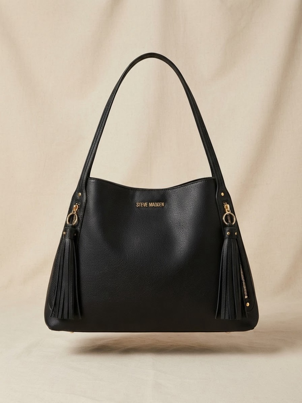 Steve Madden Black Pebbled Shoulder Tote with Tassels